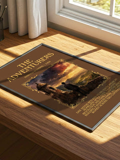 The Adventurers Minimalist Book Poster by Harold Robbins – print on a sunlit desk