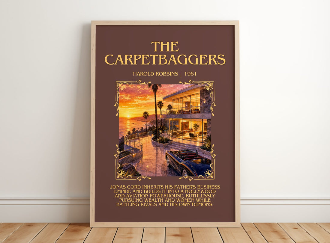 The Carpetbaggers Minimalist Book Poster by Harold Robbins – framed print leaning on a wooden floor