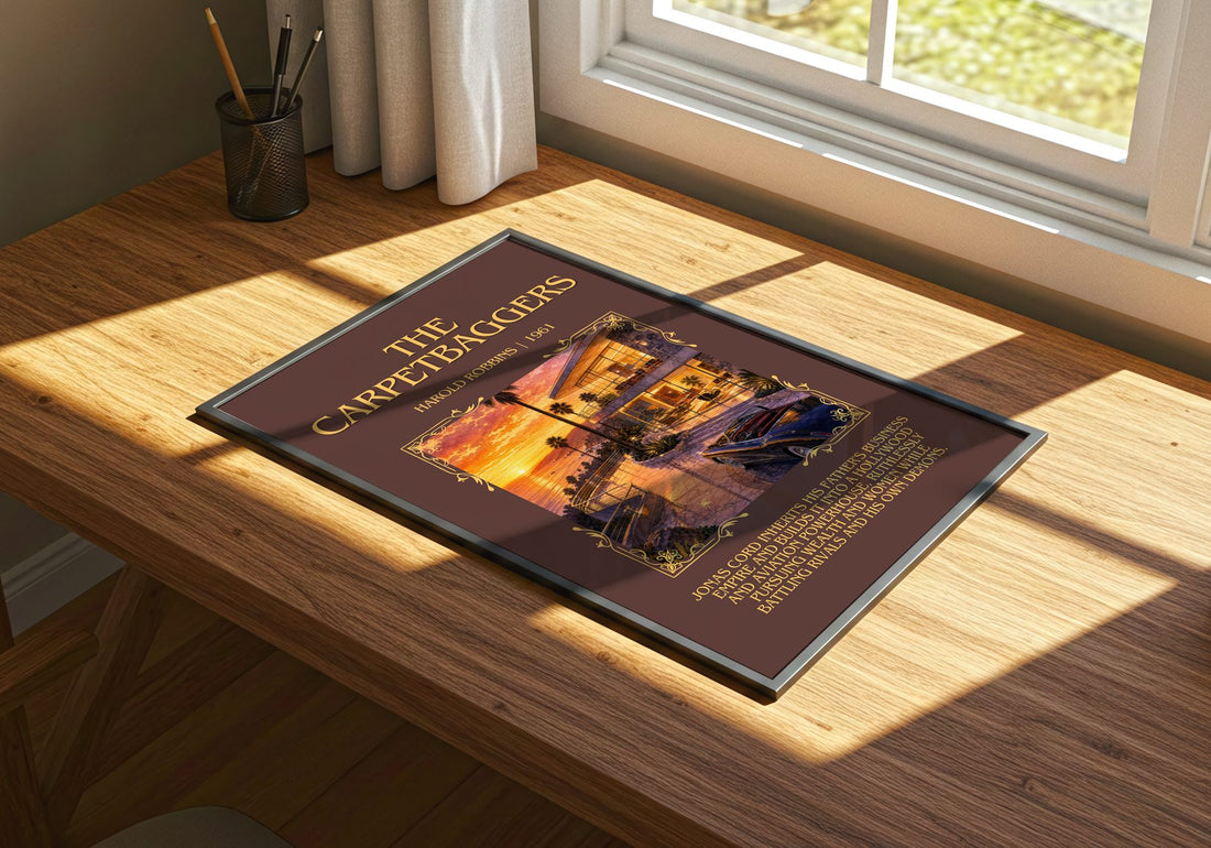 The Carpetbaggers Minimalist Book Poster by Harold Robbins – print on a sunlit desk