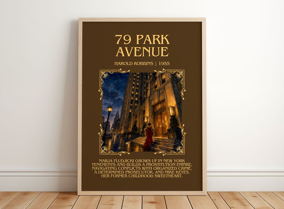 79 Park Avenue Minimalist Book Poster by Harold Robbins – framed print leaning on a wooden floor