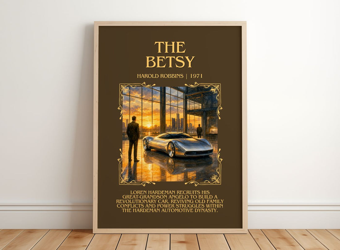 The Betsy Minimalist Book Poster by Harold Robbins – framed print leaning on a wooden floor