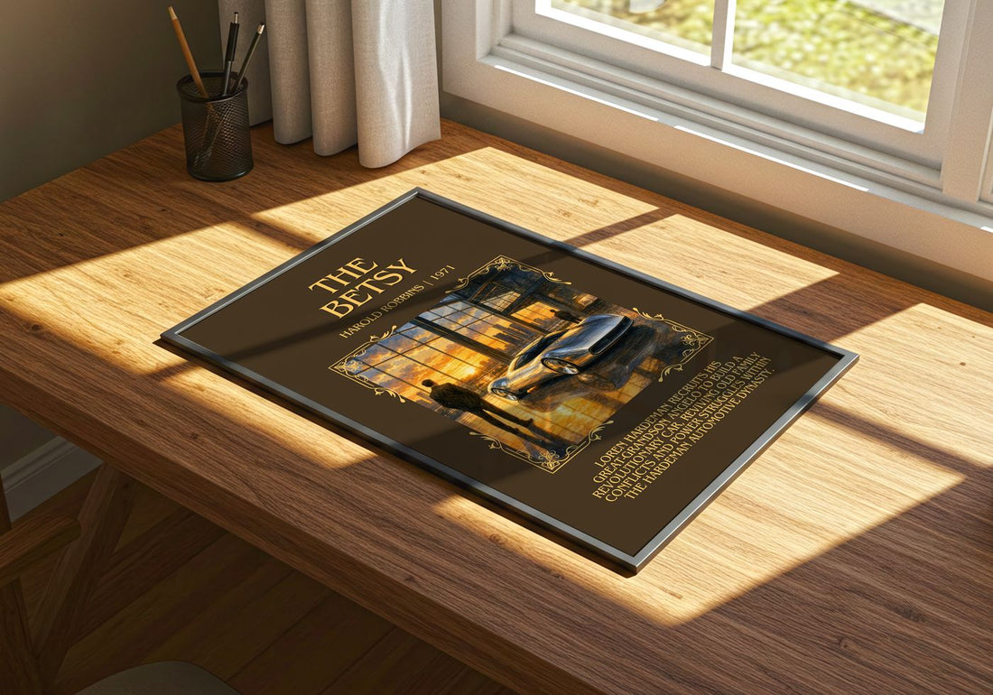 The Betsy Minimalist Book Poster by Harold Robbins – print on a sunlit desk