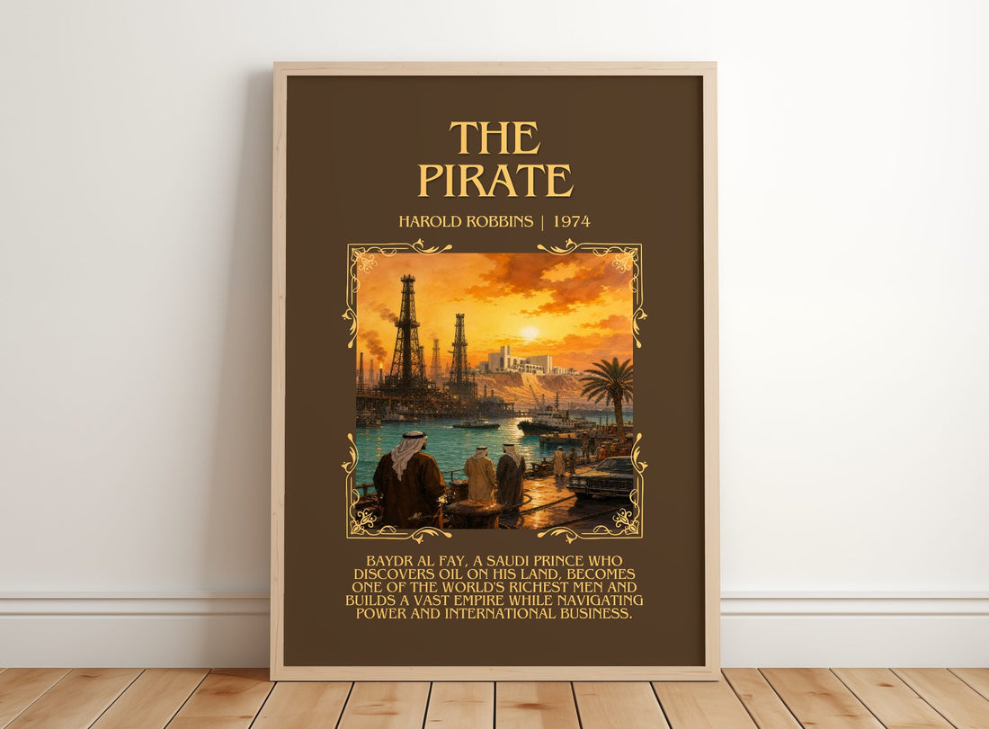 The Pirate Minimalist Book Poster by Harold Robbins – framed print leaning on a wooden floor
