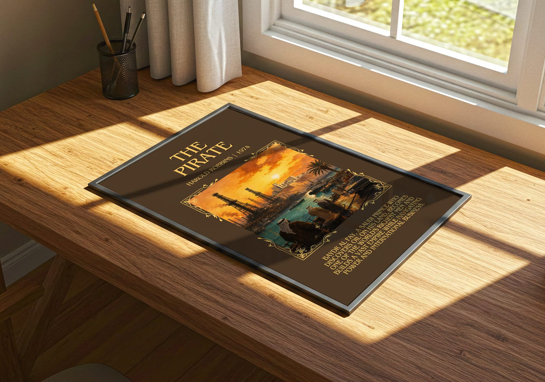The Pirate Minimalist Book Poster by Harold Robbins – print on a sunlit desk