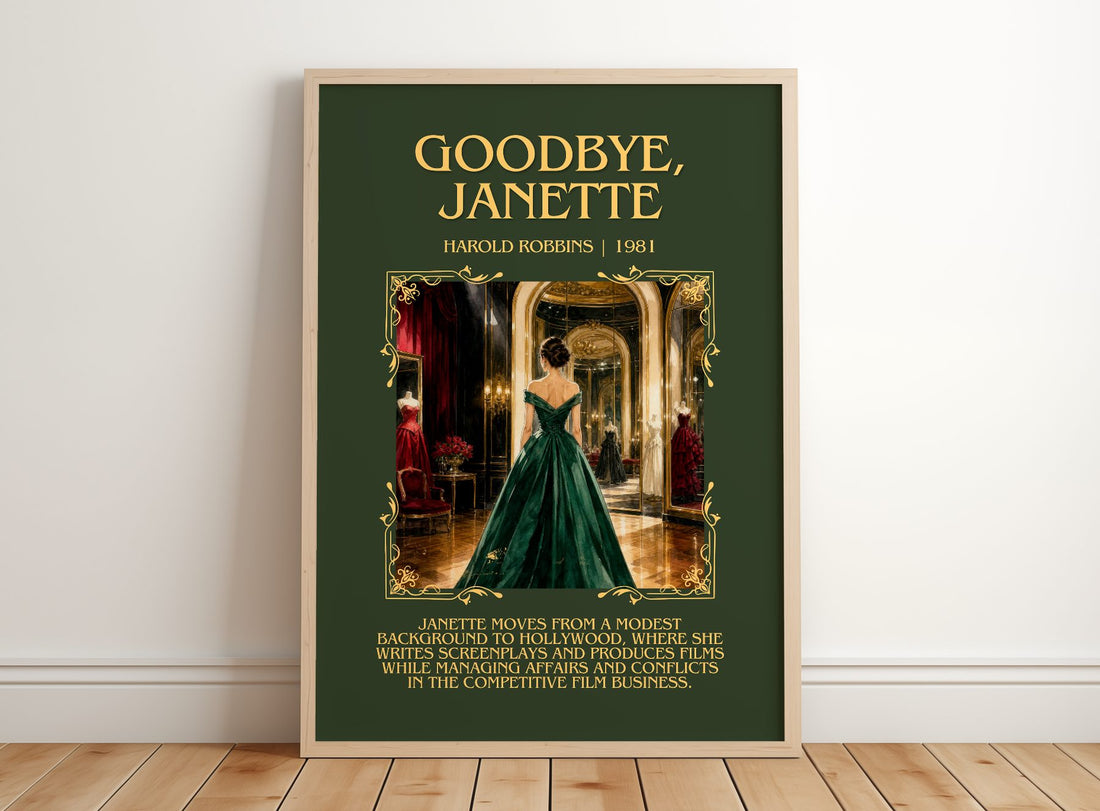 Goodbye, Janette Minimalist Book Poster by Harold Robbins – framed print leaning on a wooden floor