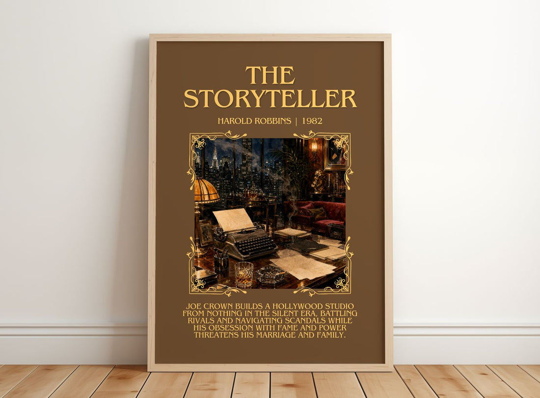 The Storyteller Minimalist Book Poster by Harold Robbins – framed print leaning on a wooden floor