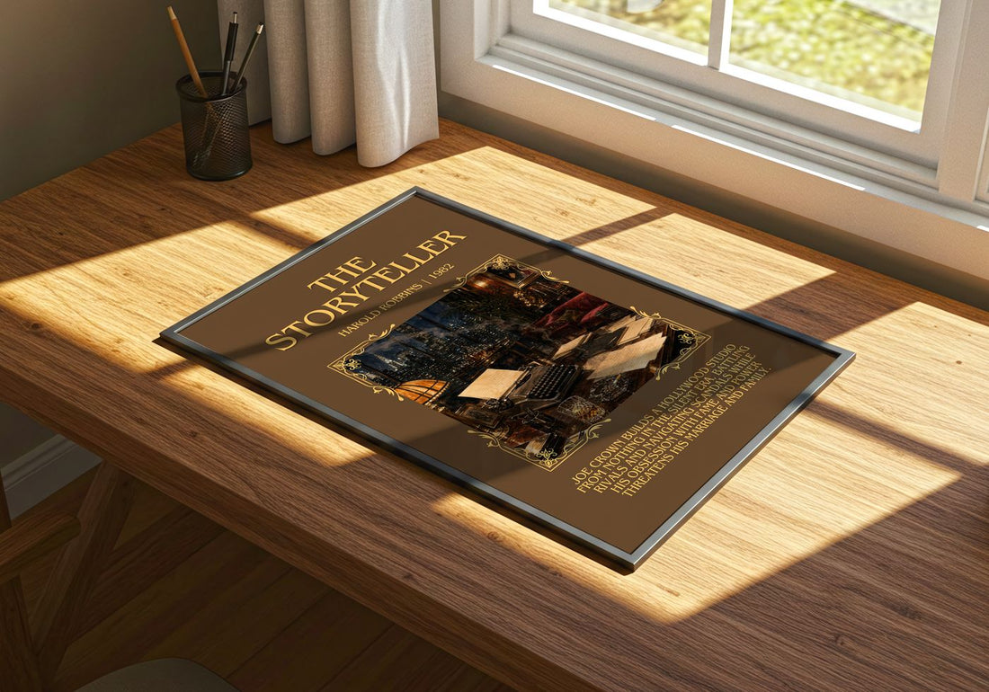 The Storyteller Minimalist Book Poster by Harold Robbins – print on a sunlit desk