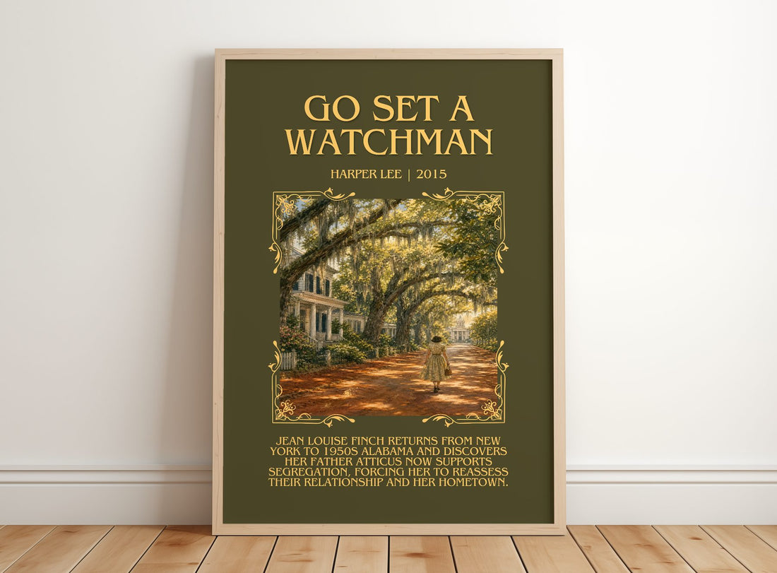 Go Set A Watchman Minimalist Book Poster by Harper Lee – framed print leaning on a wooden floor