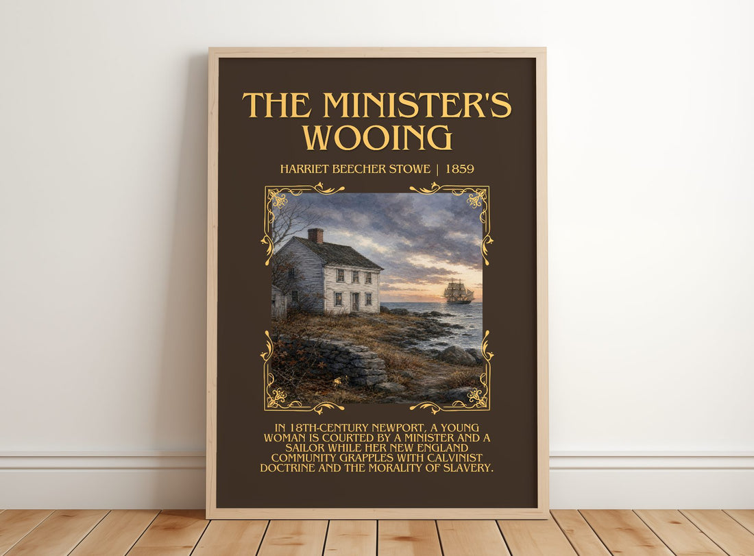 The Minister'S Wooing Minimalist Book Poster by Harriet Beecher Stowe – framed print leaning on a wooden floor
