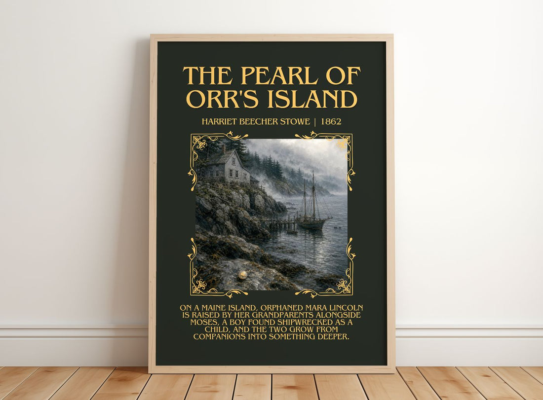 Pearl Of Orr'S Island Minimalist Book Poster by Harriet Beecher Stowe – framed print leaning on a wooden floor