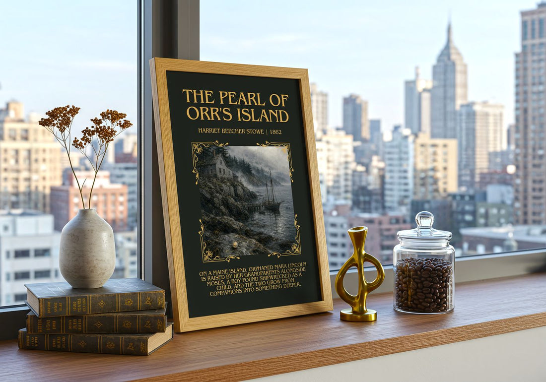 Pearl Of Orr'S Island Minimalist Book Poster by Harriet Beecher Stowe – framed print on a city-view windowsill
