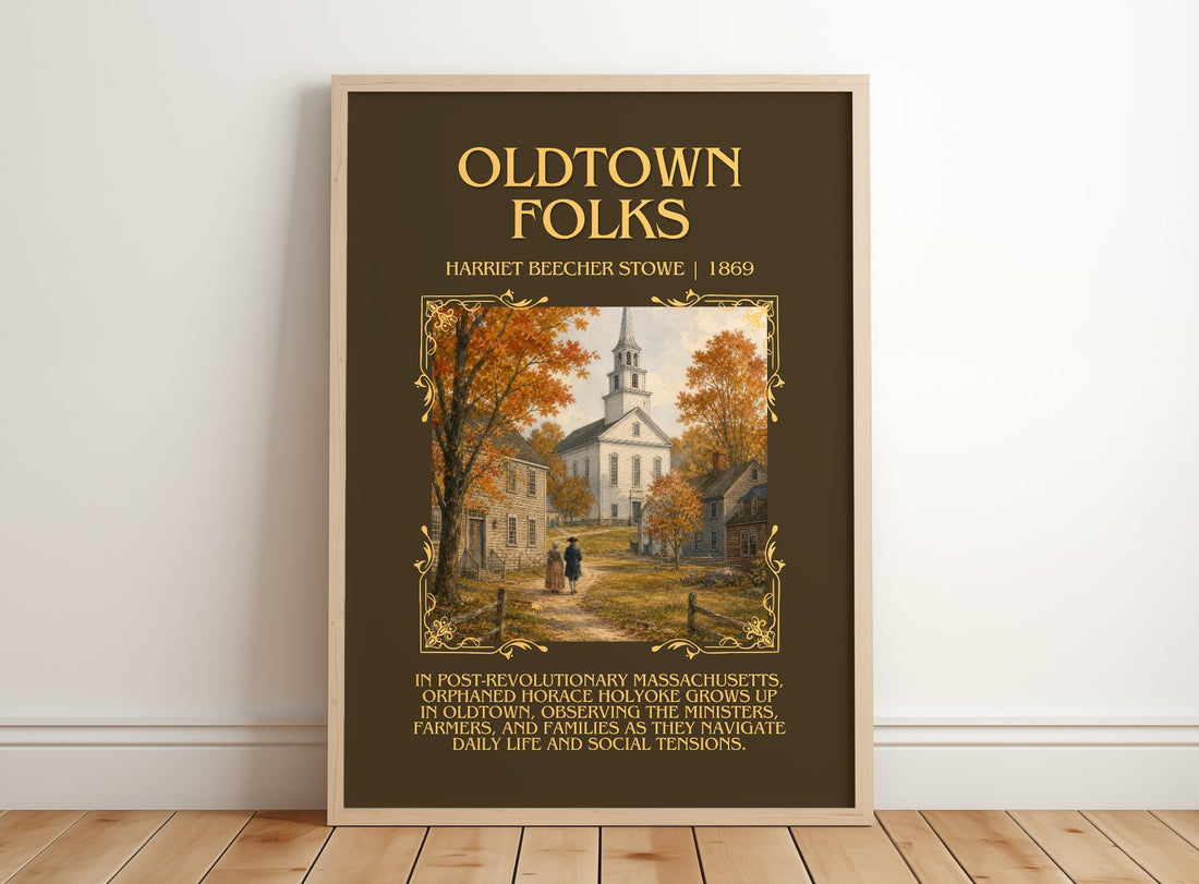 Oldtown Folks Minimalist Book Poster by Harriet Beecher Stowe – framed print leaning on a wooden floor