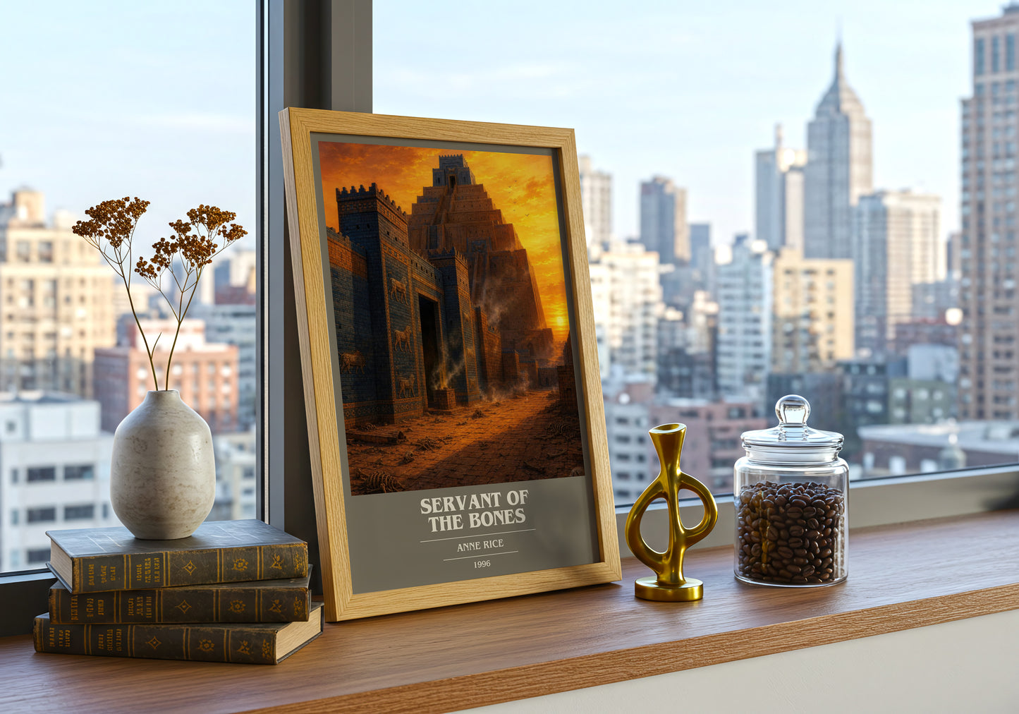 Servant Of The Bones book cover print framed by window – literary home decor