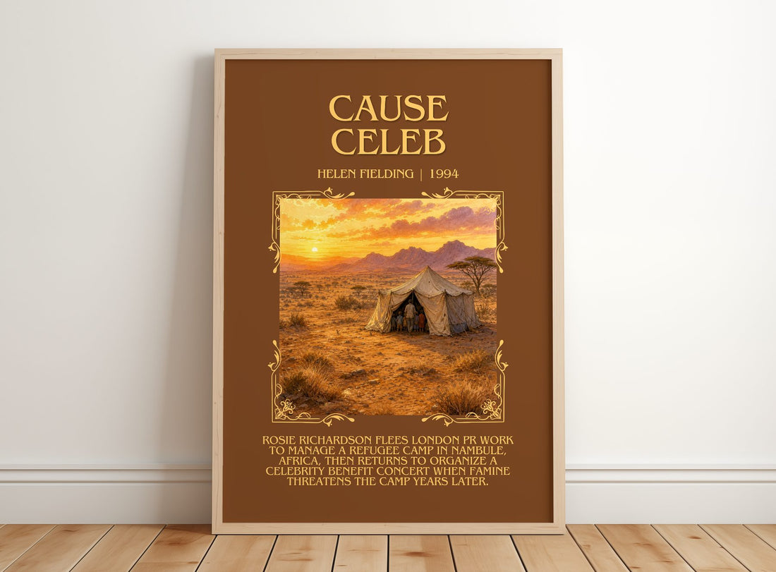 Cause Celeb Minimalist Book Poster by Helen Fielding – framed print leaning on a wooden floor