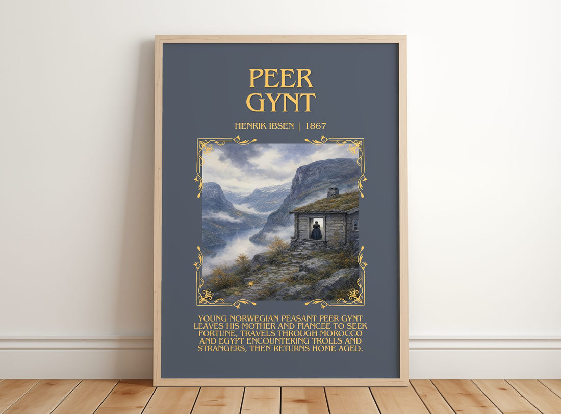 Peer Gynt Minimalist Book Poster by Henrik Ibsen – framed print leaning on a wooden floor