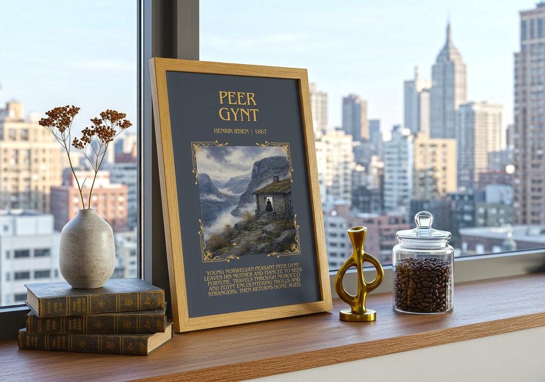 Peer Gynt Minimalist Book Poster by Henrik Ibsen – framed print on a city-view windowsill