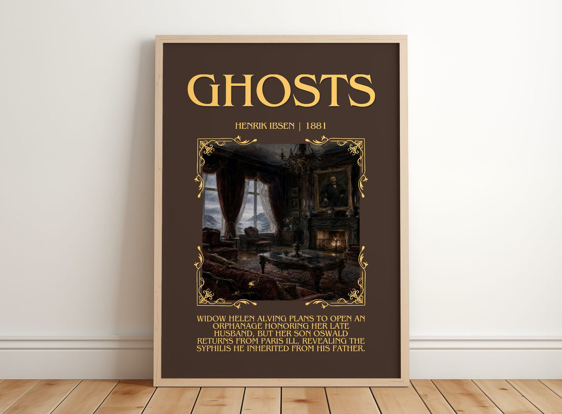 Ghosts Minimalist Book Poster by Henrik Ibsen – framed print leaning on a wooden floor