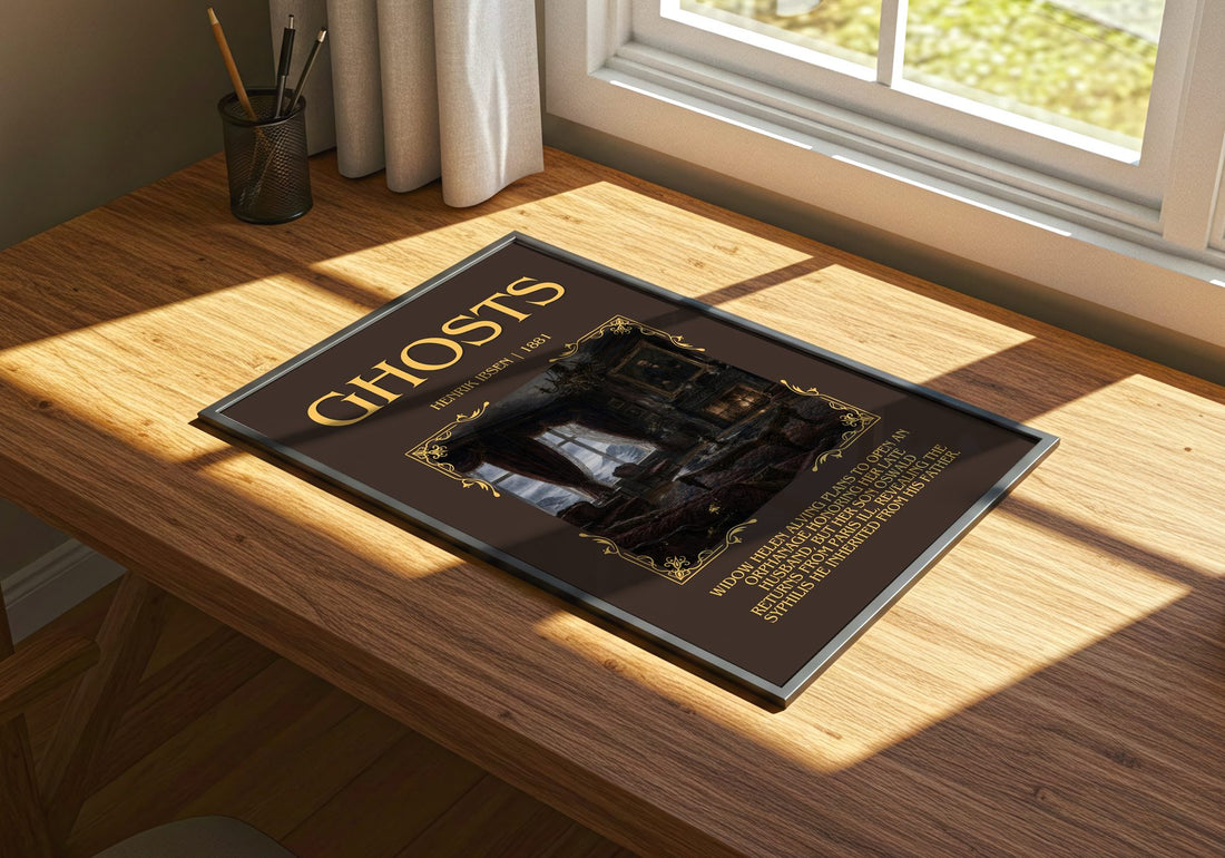 Ghosts Minimalist Book Poster by Henrik Ibsen – print on a sunlit desk