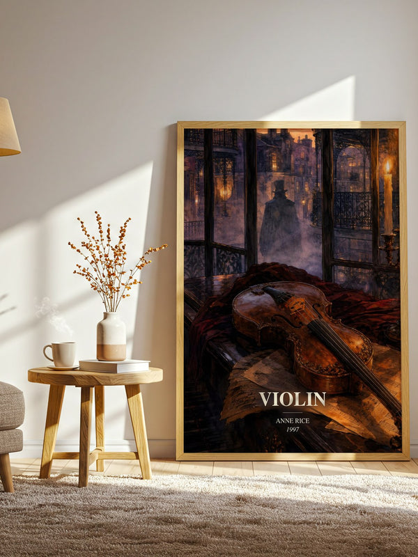 Violin watercolour print in frame leaning in hallway – horror wall art