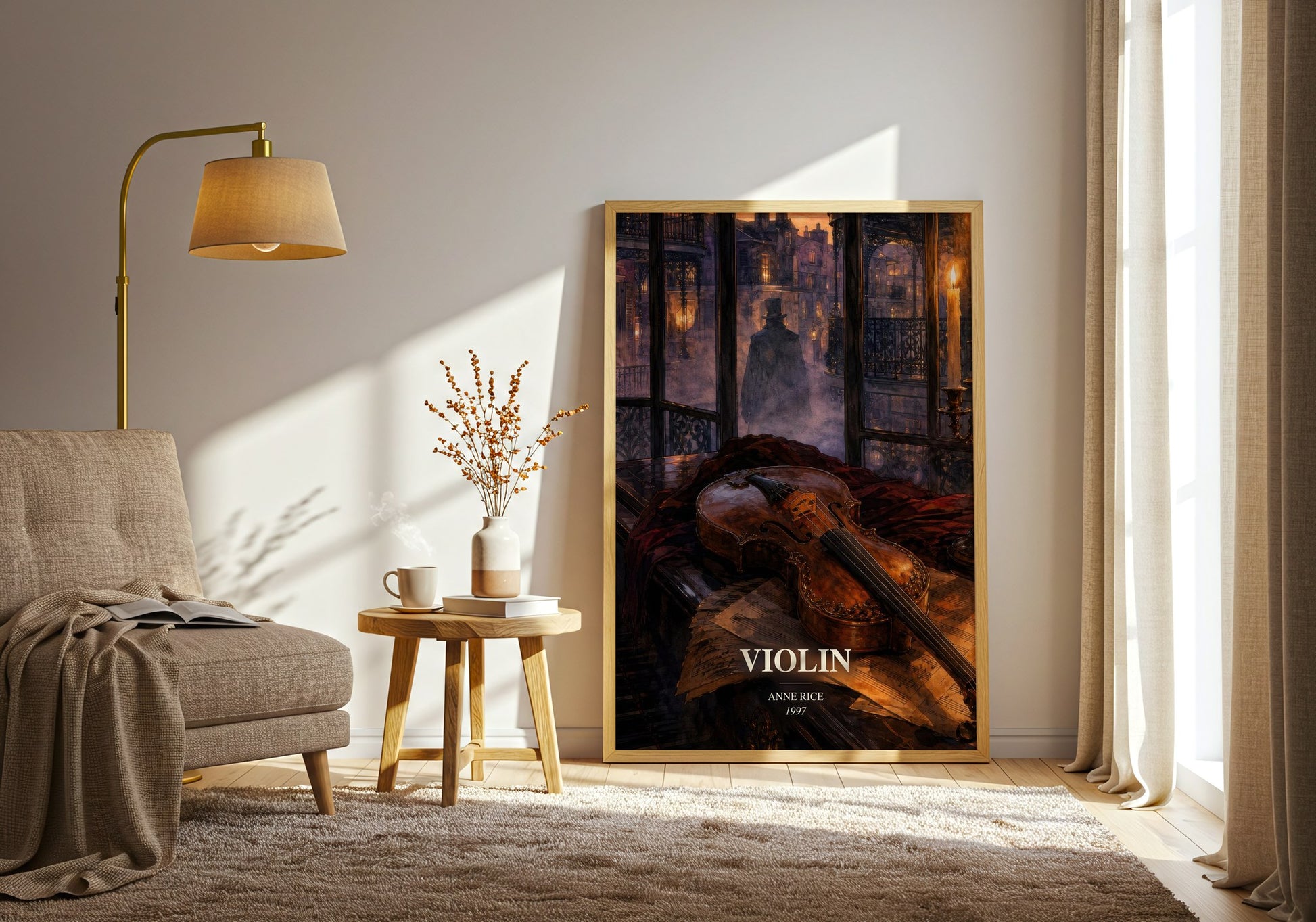 Violin watercolour print in frame leaning in hallway – horror wall art
