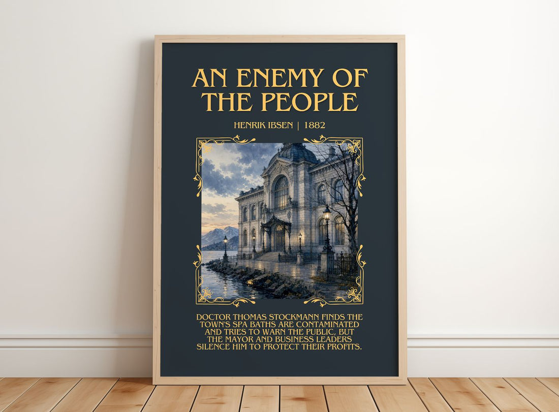 An Enemy Of The People Minimalist Book Poster by Henrik Ibsen – framed print leaning on a wooden floor