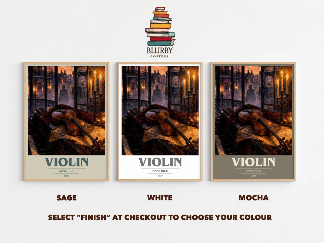 Violin book cover print framed by window – literary home decor
