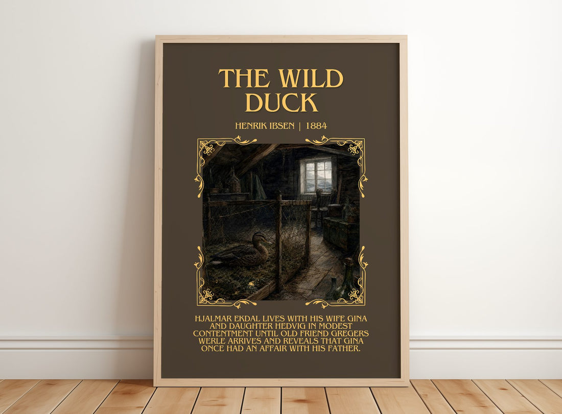 The Wild Duck Minimalist Book Poster by Henrik Ibsen – framed print leaning on a wooden floor
