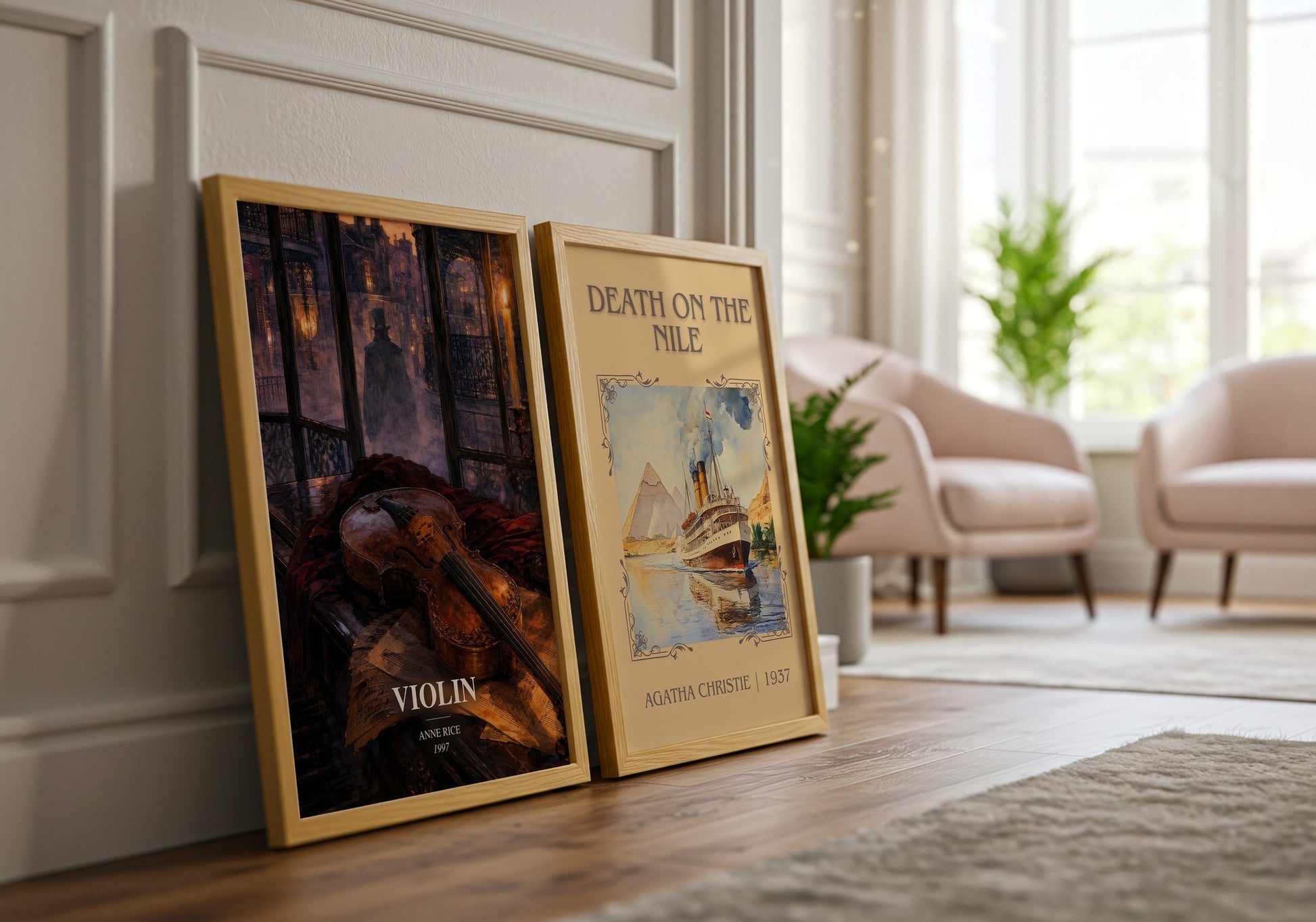Violin watercolour print framed by window – literary home decor