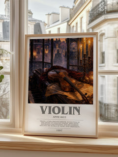 Violin bookish print in frame leaning in hallway – horror wall art