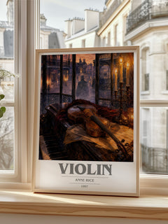Violin book cover print in frame leaning in hallway – horror wall art