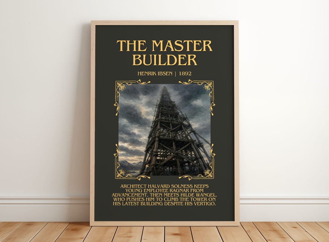 The Master Builder Minimalist Book Poster by Henrik Ibsen – framed print leaning on a wooden floor