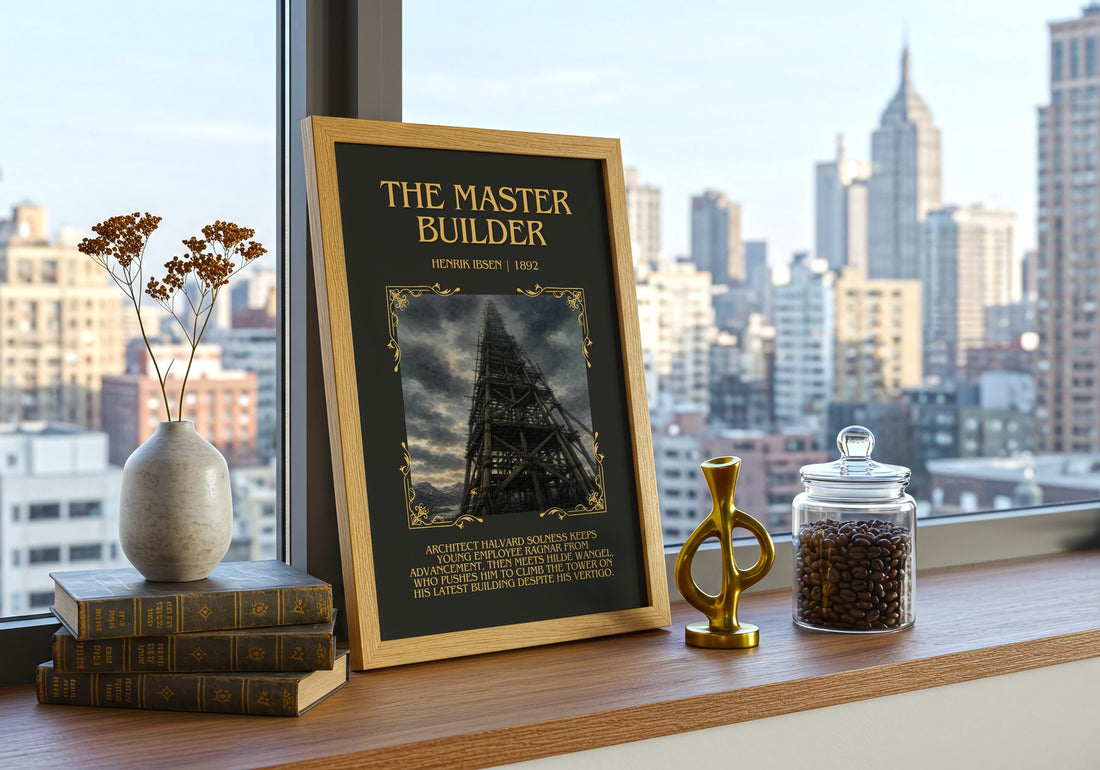The Master Builder Minimalist Book Poster by Henrik Ibsen – framed print on a city-view windowsill