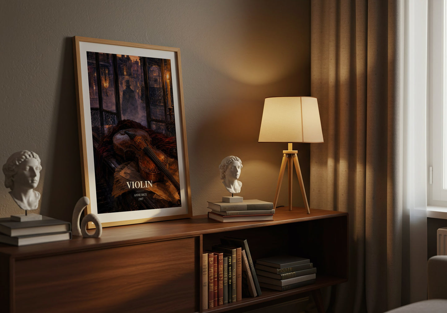 Violin watercolour print on bookshelf – Anne Rice fan gift