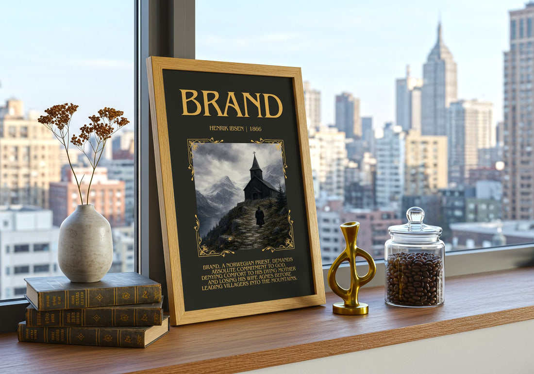 Brand Minimalist Book Poster by Henrik Ibsen – framed print on a city-view windowsill