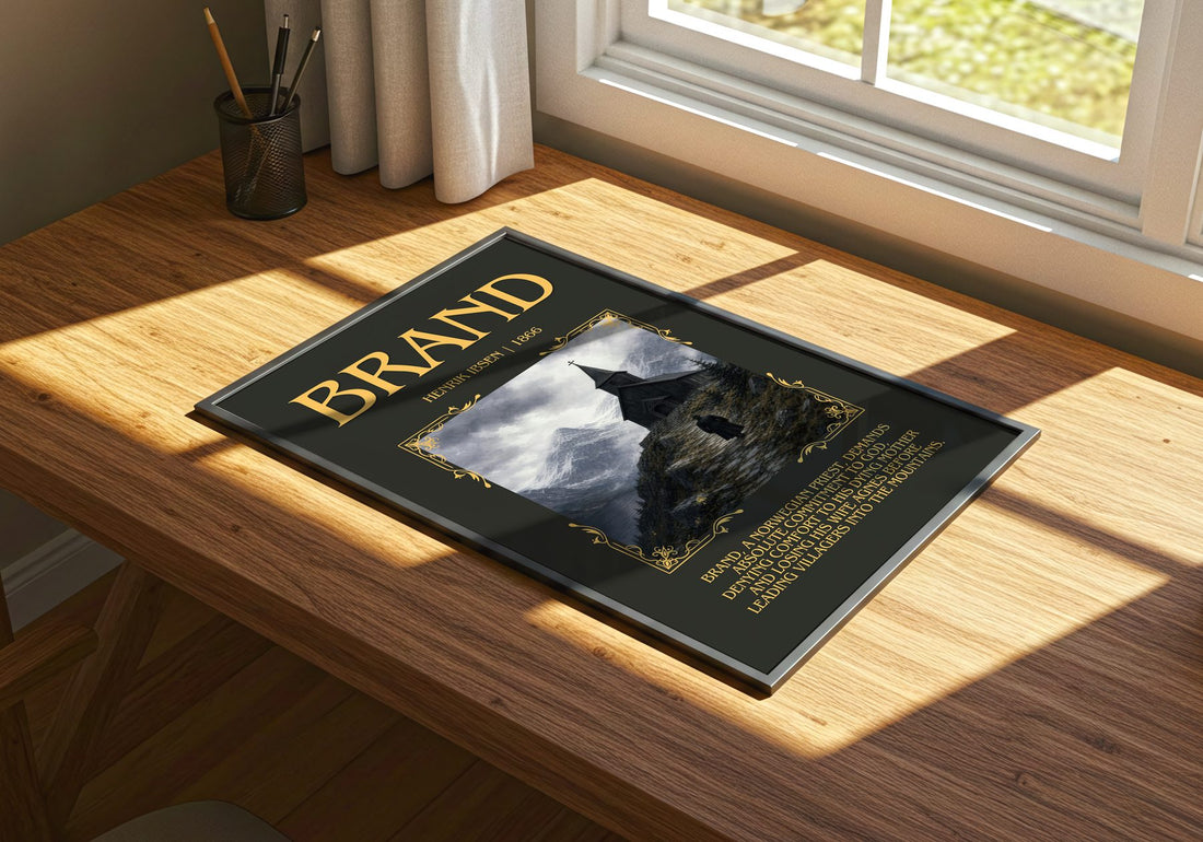 Brand Minimalist Book Poster by Henrik Ibsen – print on a sunlit desk