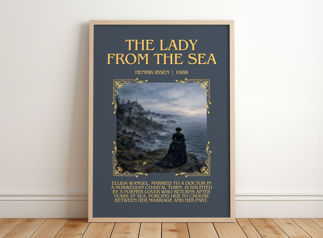The Lady From The Sea Minimalist Book Poster by Henrik Ibsen – framed print leaning on a wooden floor