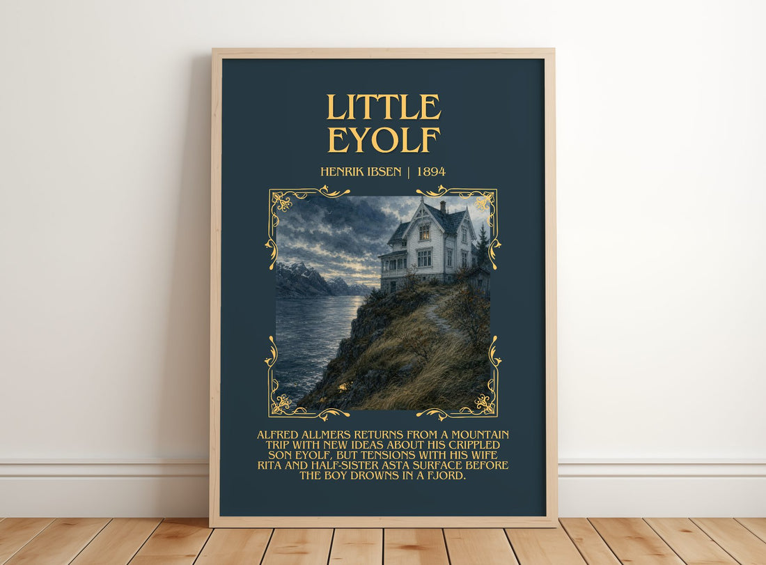 Little Eyolf Minimalist Book Poster by Henrik Ibsen – framed print leaning on a wooden floor