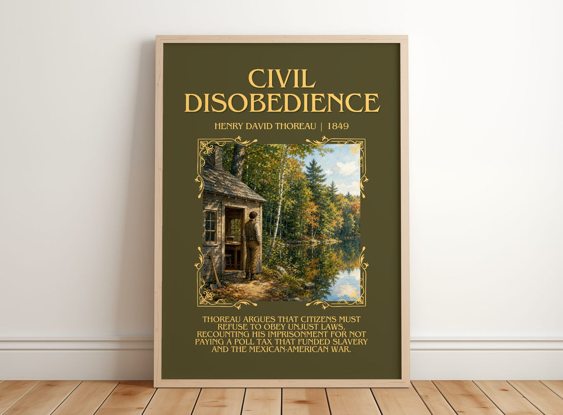 Civil Disobedience Minimalist Book Poster by Henry David Thoreau – framed print leaning on a wooden floor