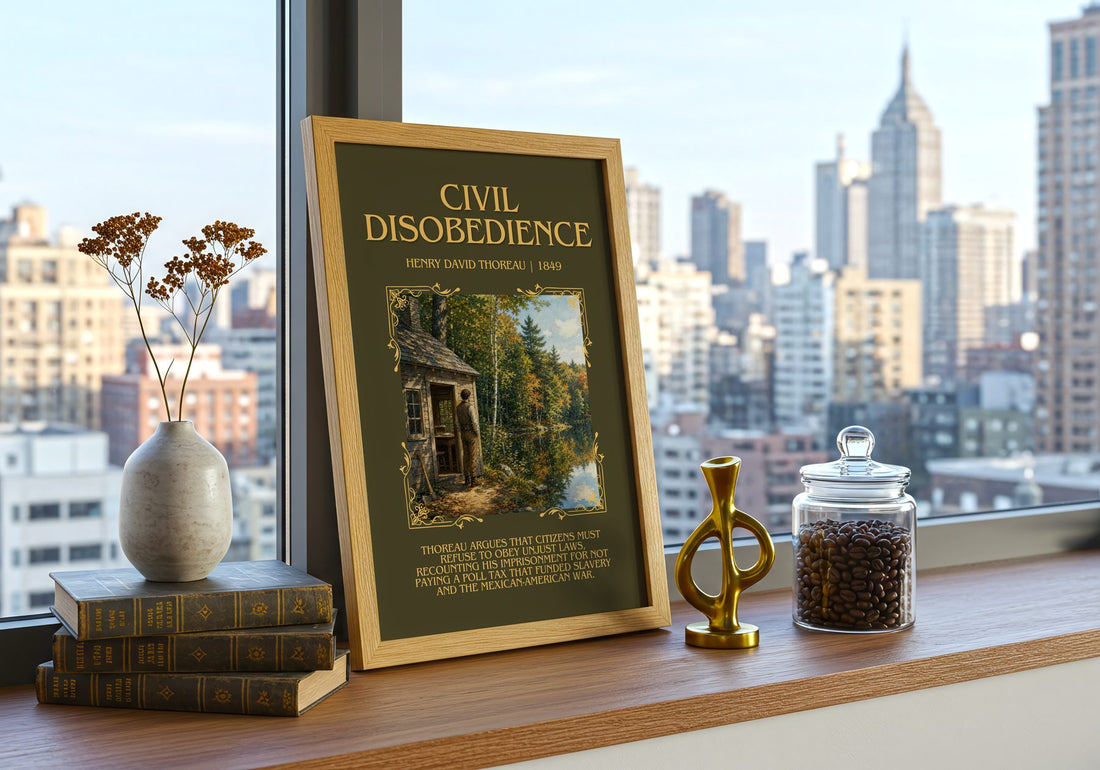 Civil Disobedience Minimalist Book Poster by Henry David Thoreau – framed print on a city-view windowsill