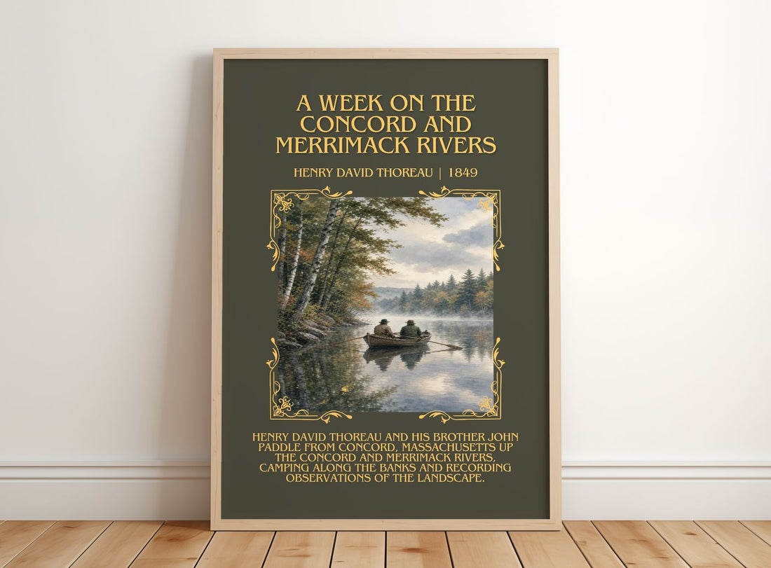Week On The Concord And Merrimack Rivers Minimalist Book Poster – framed print leaning on a wooden floor