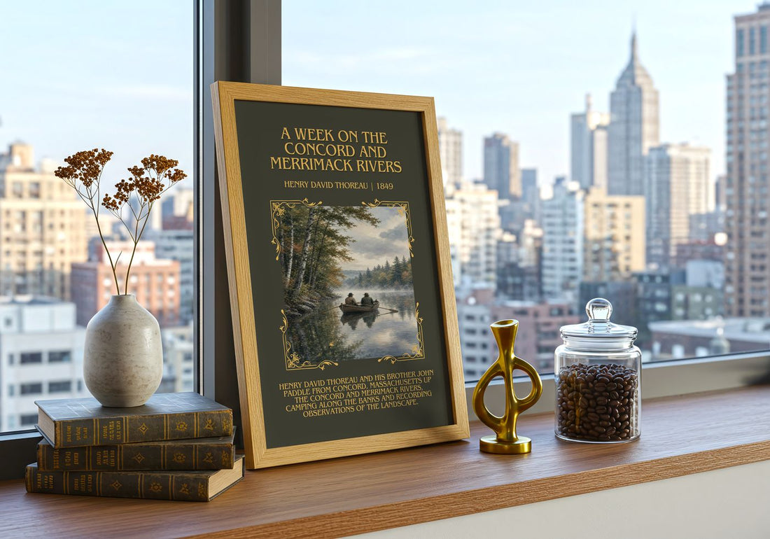 Week On The Concord And Merrimack Rivers Minimalist Book Poster – framed print on a city-view windowsill