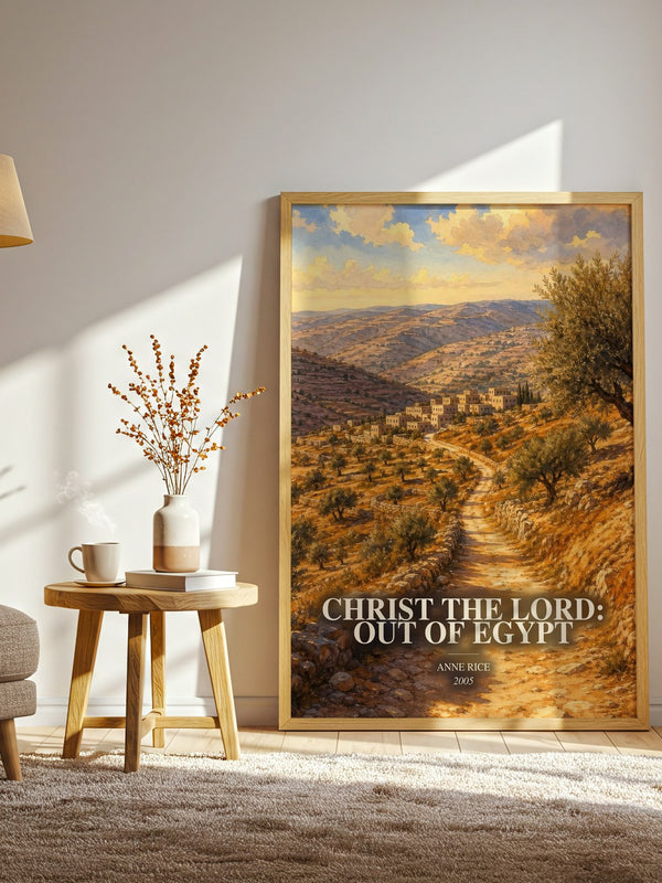 Christ The Lord: Out Of Egypt watercolour print in frame leaning in hallway – historical fiction wall art