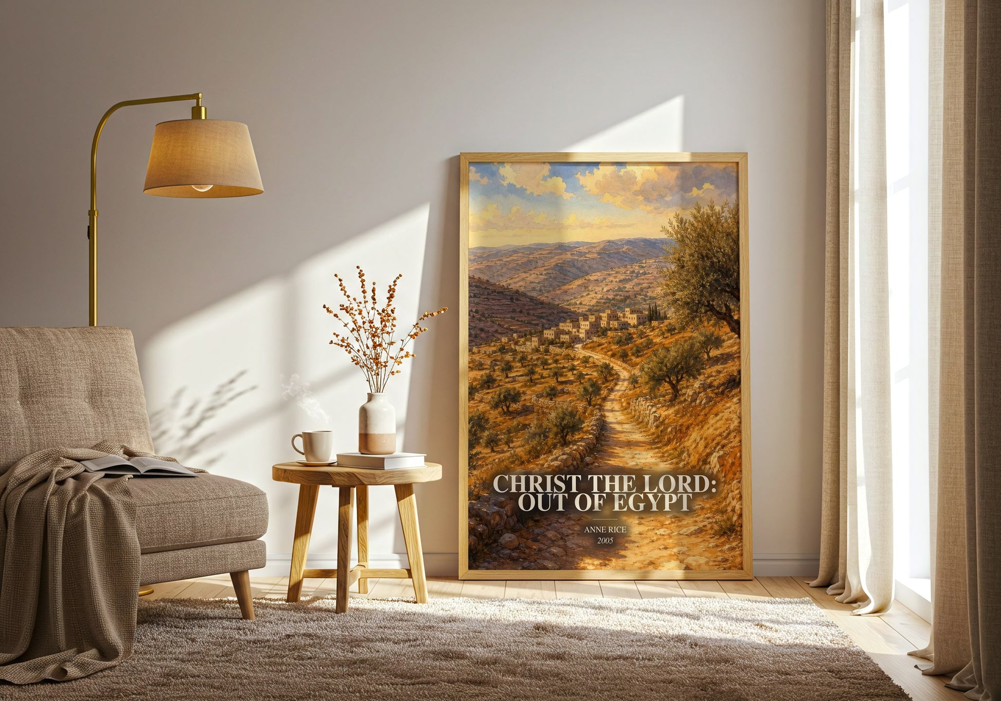 Christ The Lord: Out Of Egypt watercolour print in frame leaning in hallway – historical fiction wall art