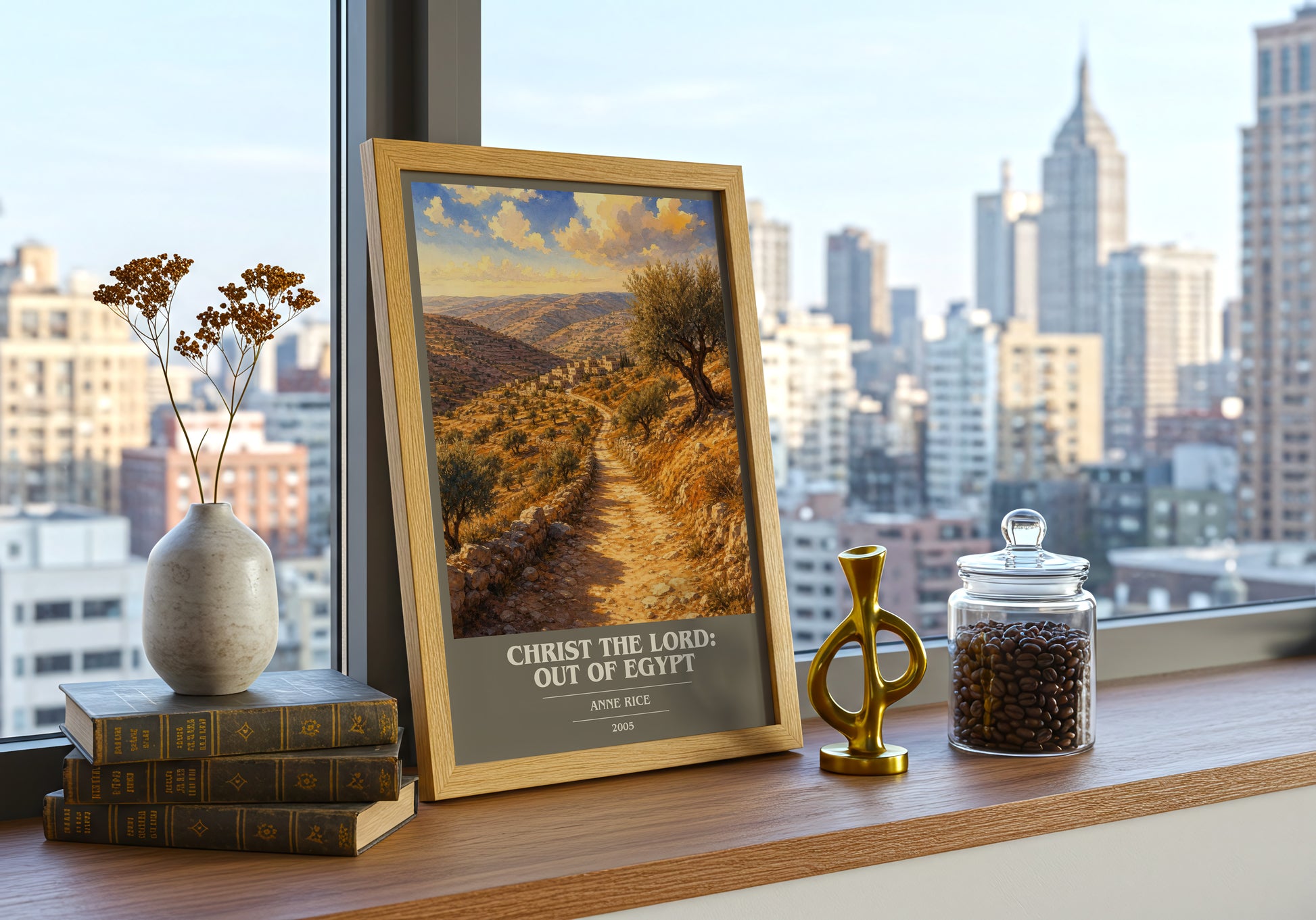 Christ The Lord: Out Of Egypt book cover print framed by window – literary home decor