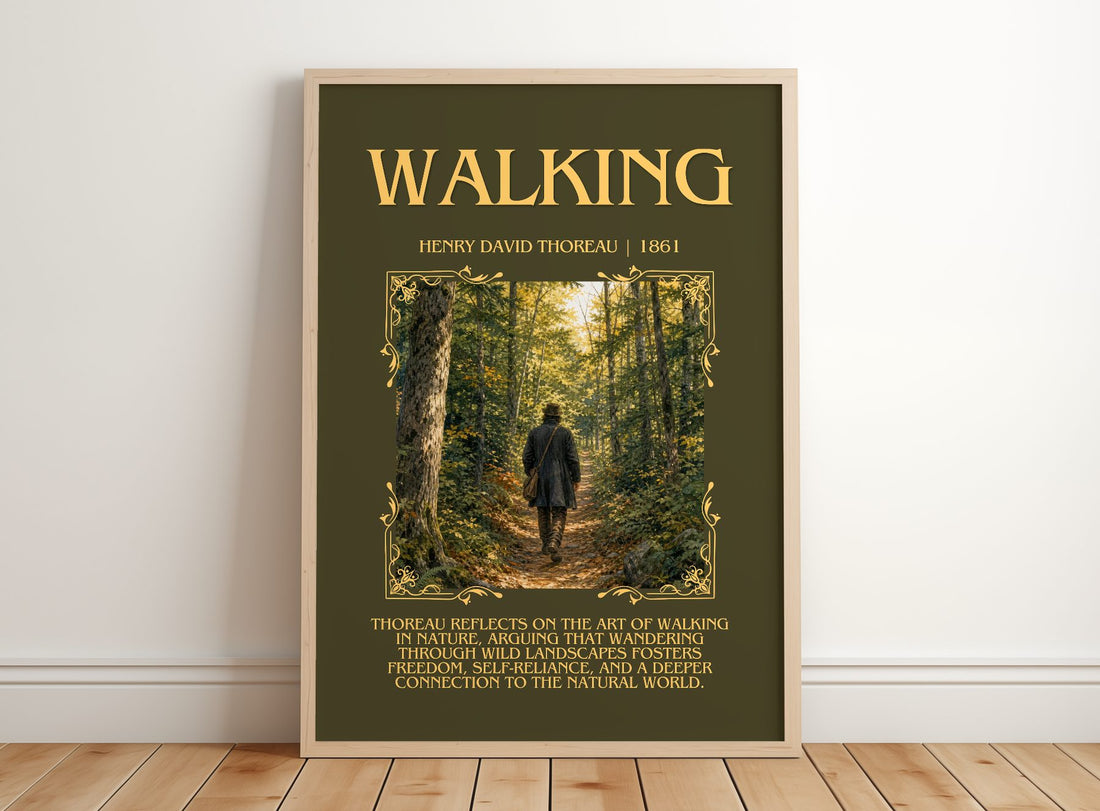 Walking Minimalist Book Poster by Henry David Thoreau – framed print leaning on a wooden floor