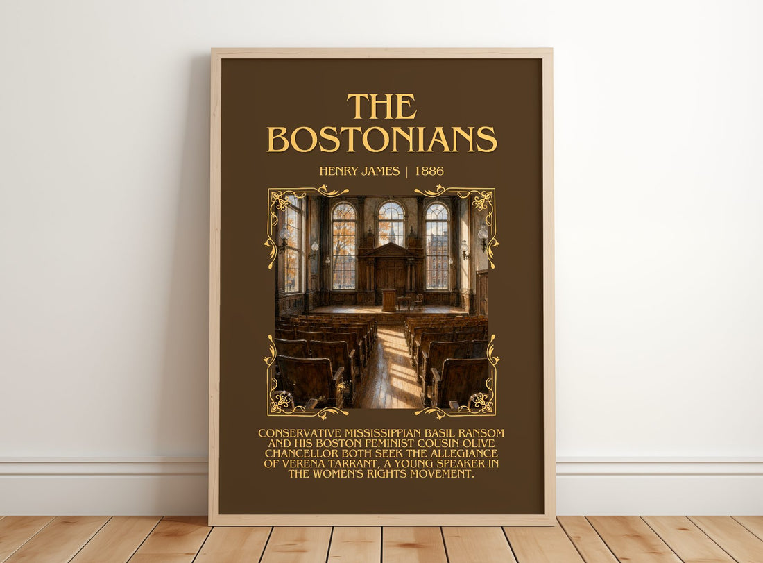 The Bostonians Minimalist Book Poster by Henry James – framed print leaning on a wooden floor