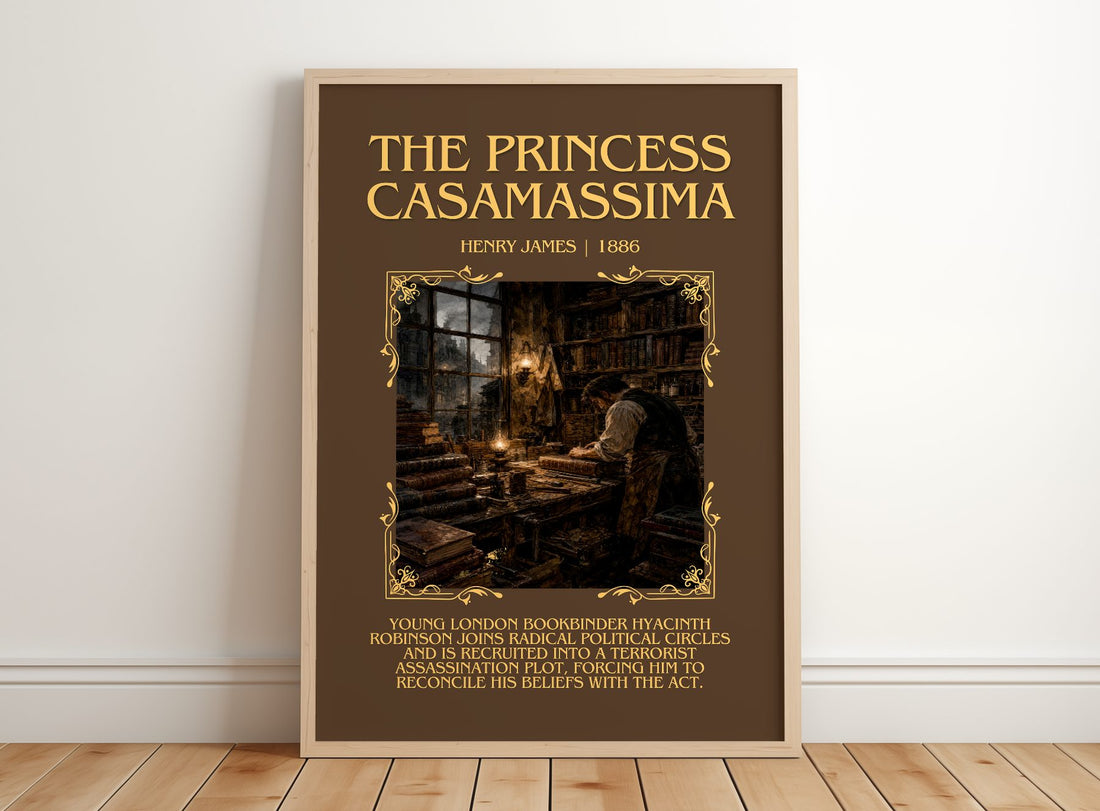 The Princess Casamassima Minimalist Book Poster by Henry James – framed print leaning on a wooden floor