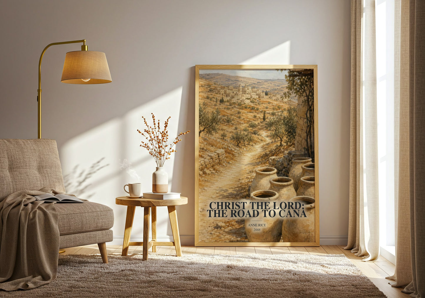 Christ The Lord: The Road To Cana watercolour print in frame leaning in hallway – historical fiction wall art