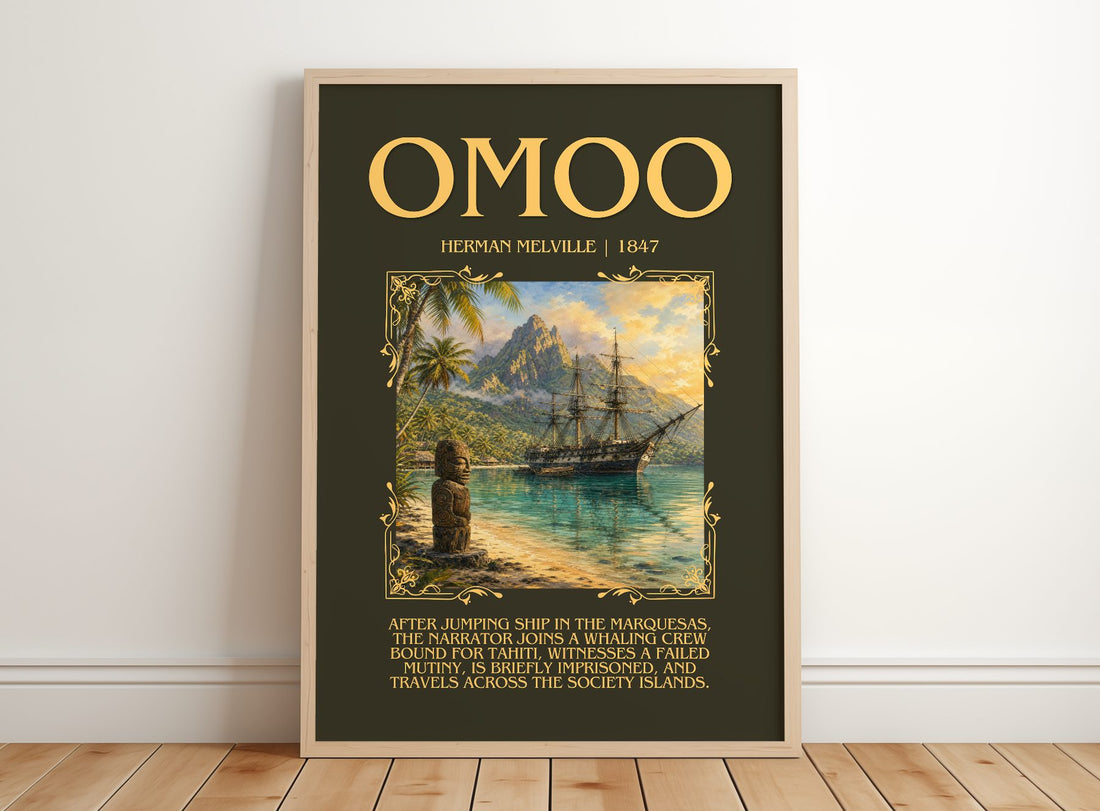 Omoo Minimalist Book Poster by Herman Melville – framed print leaning on a wooden floor