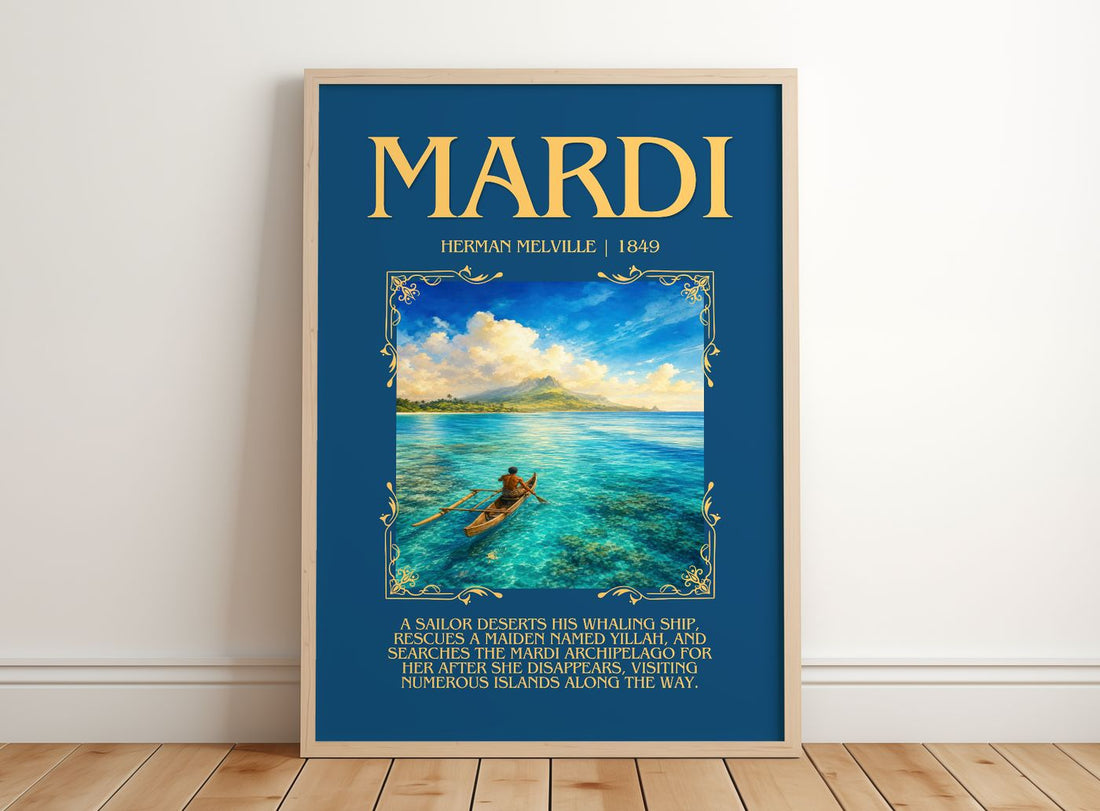 Mardi Minimalist Book Poster by Herman Melville – framed print leaning on a wooden floor